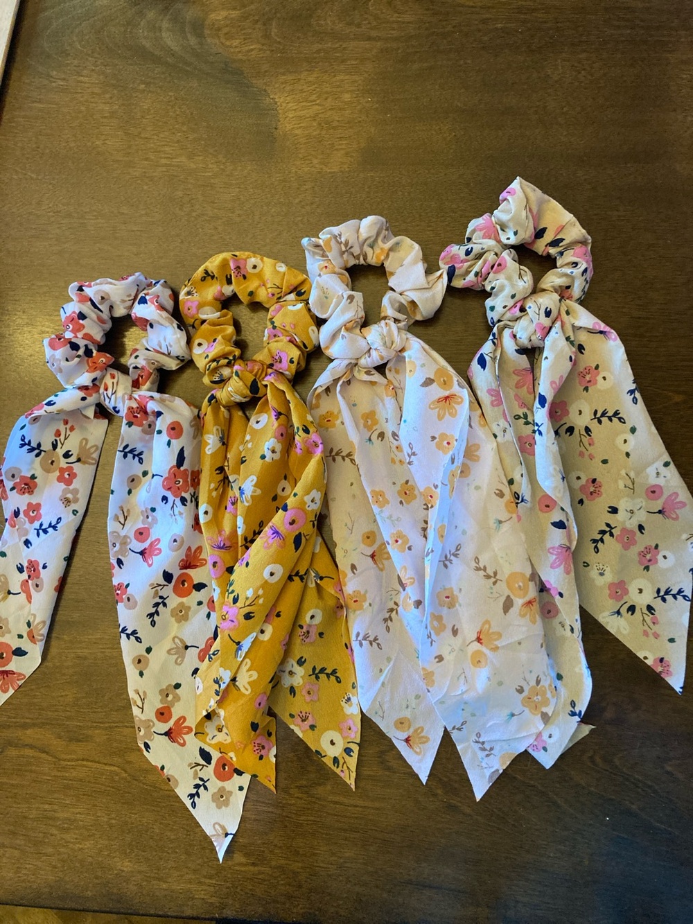 Floral Bow Scrunchie 4 Lot Set for Women/Kids - Pink, Mustard, Cream